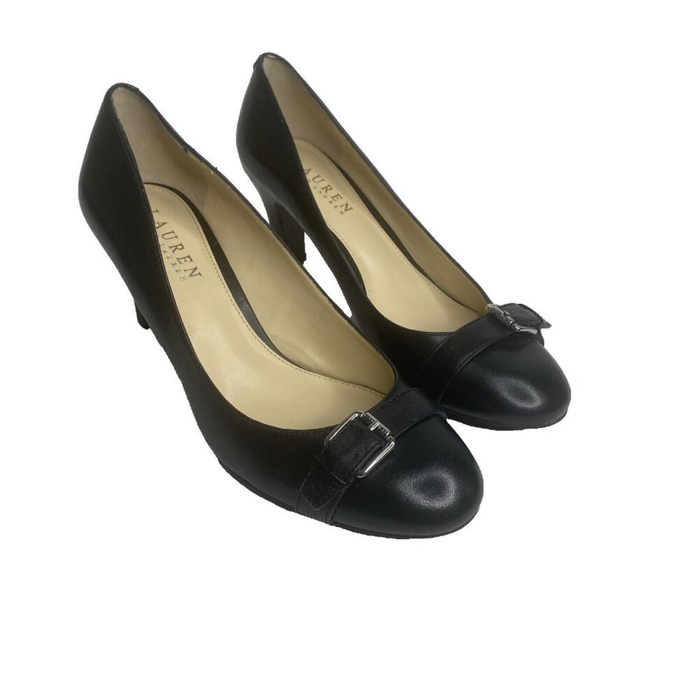 Lauren Ralph Lauren Black Leather Pumps Shoes Size 7.5 Heels Silver Buckles